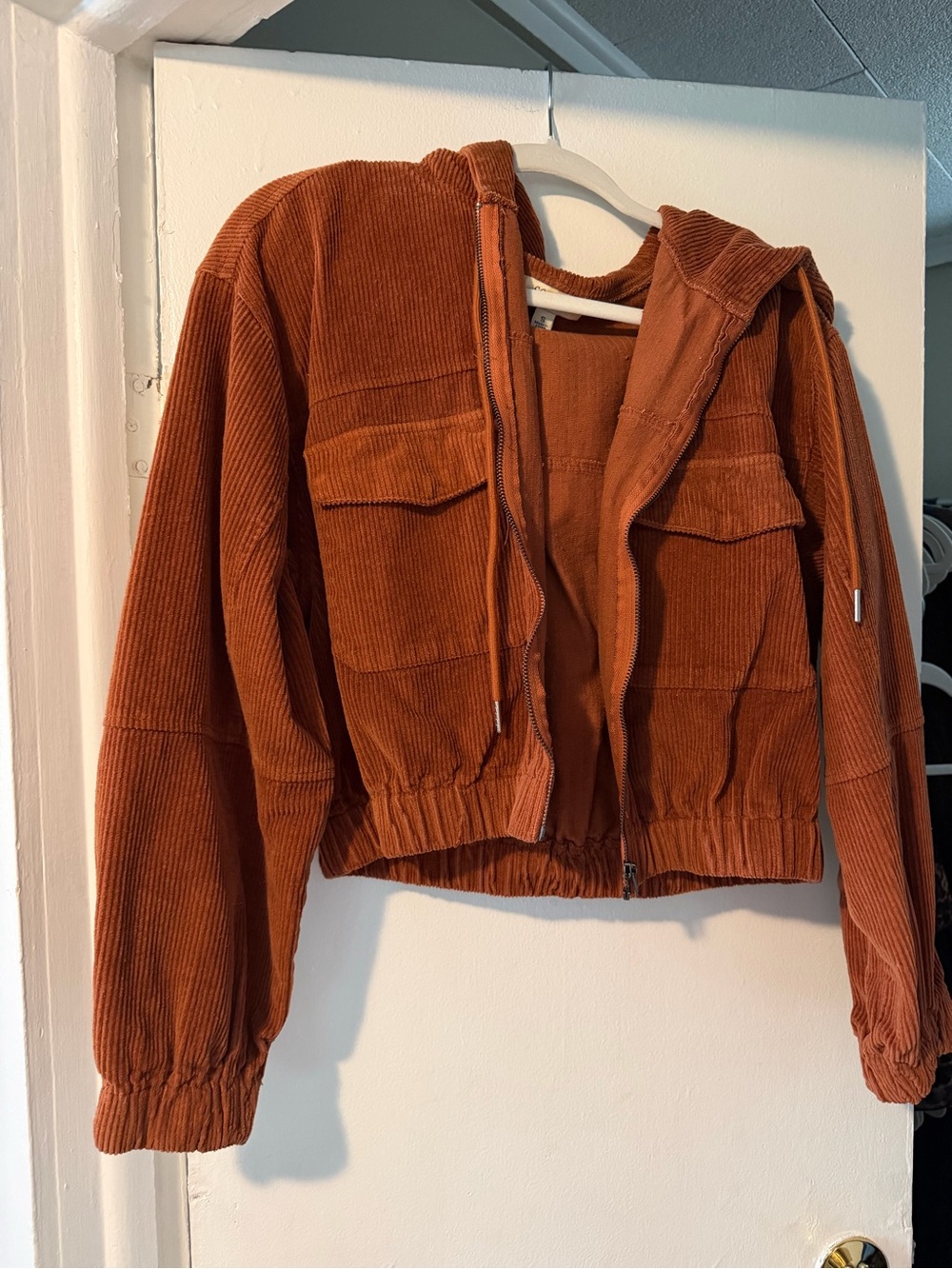 Women's Rust Corduroy Hooded Zip Bomber Jacket